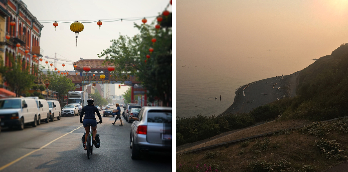 Two photographs. One of a cyclist riding a city road with laterns overhead. The other is of people wading in the distance under heavy orange haze.