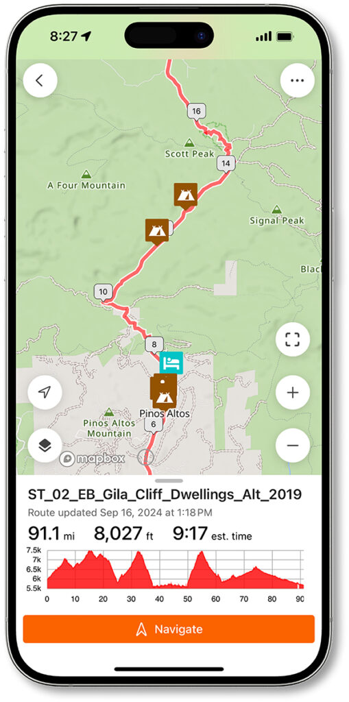 Mobile phone screen showing Gila Cliff Dwellings Alternate section of the Southern Tier on Ride With GPS.